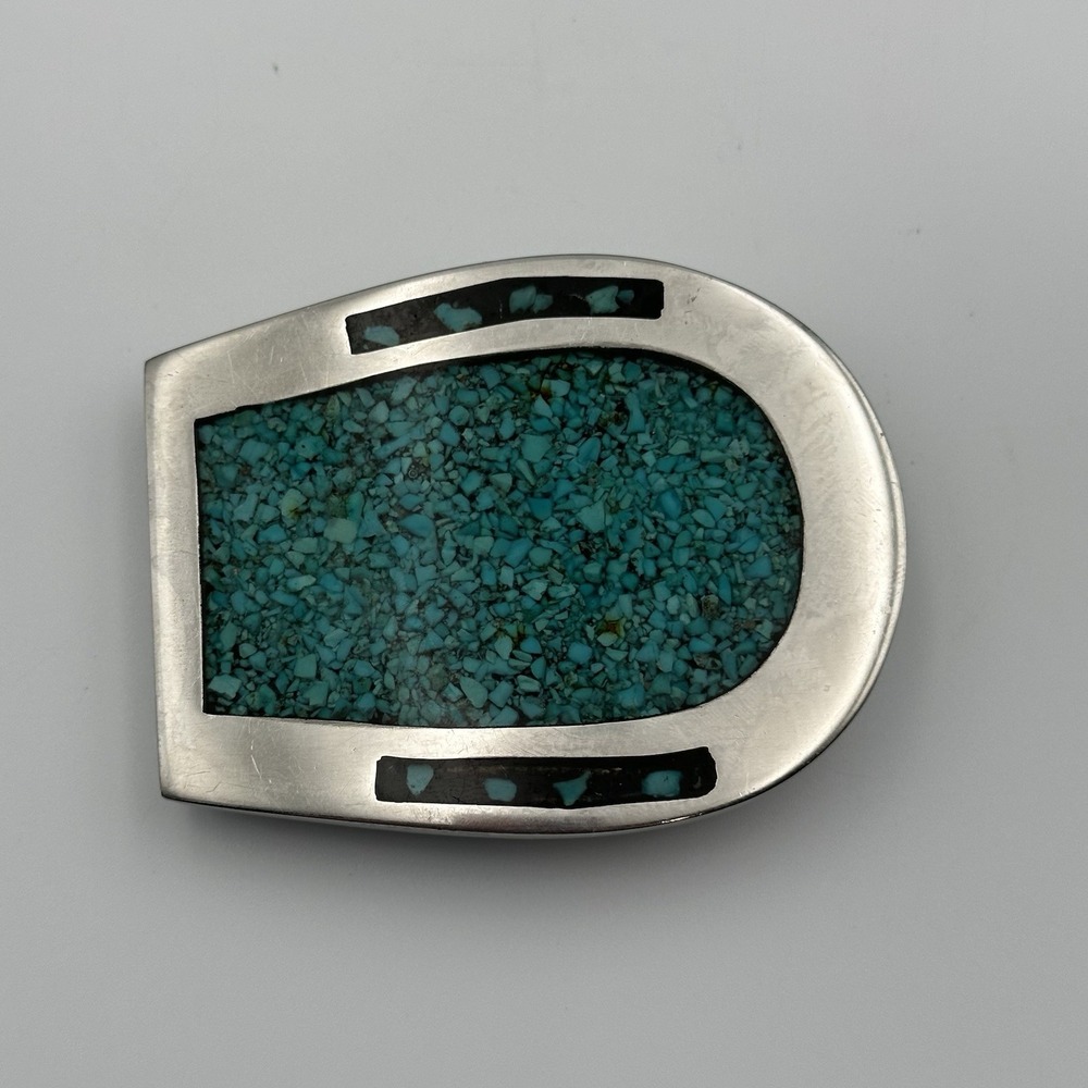 Western Cowgirl Belt Buckle Horseshoe‎ Shaped Silver Tone Turquoise Chips Inlay